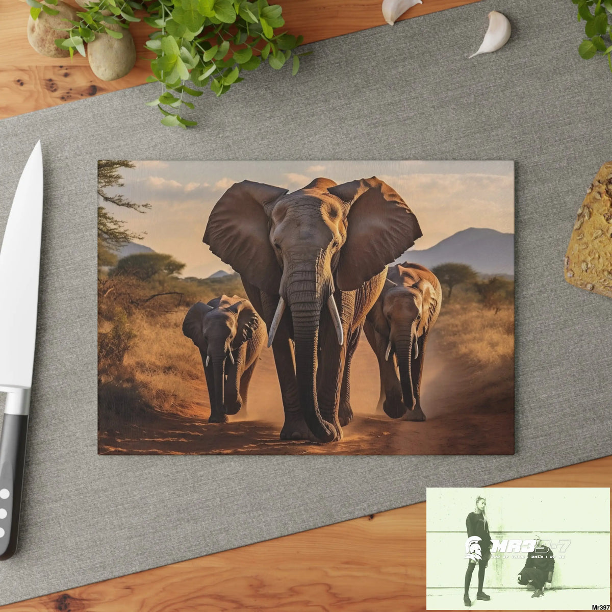 Group of Elephants Walking in Wilderness Glass Cutting Board Home Decor