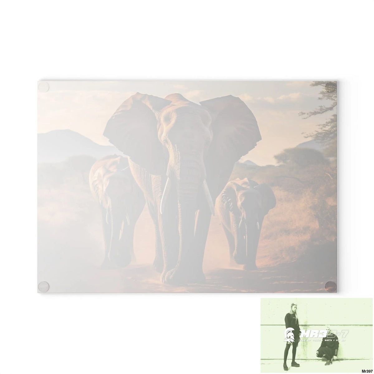 Group of Elephants Walking in Wilderness Glass Cutting Board Home Decor