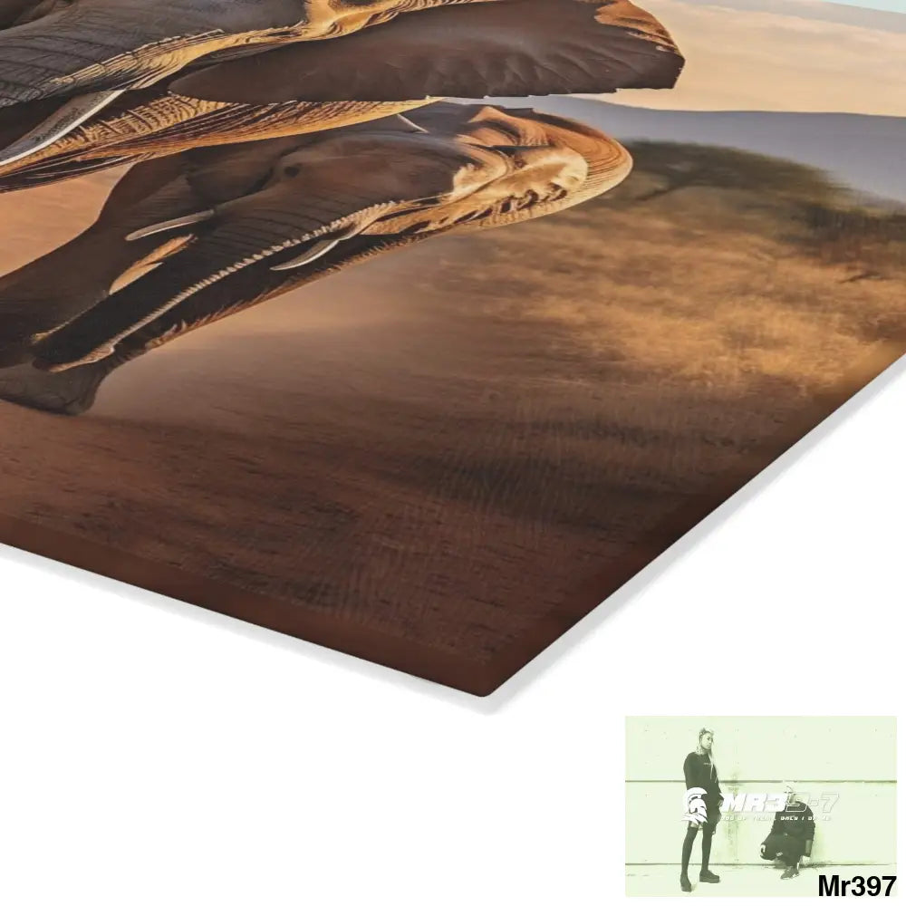 Group of Elephants Walking in Wilderness Glass Cutting Board Home Decor