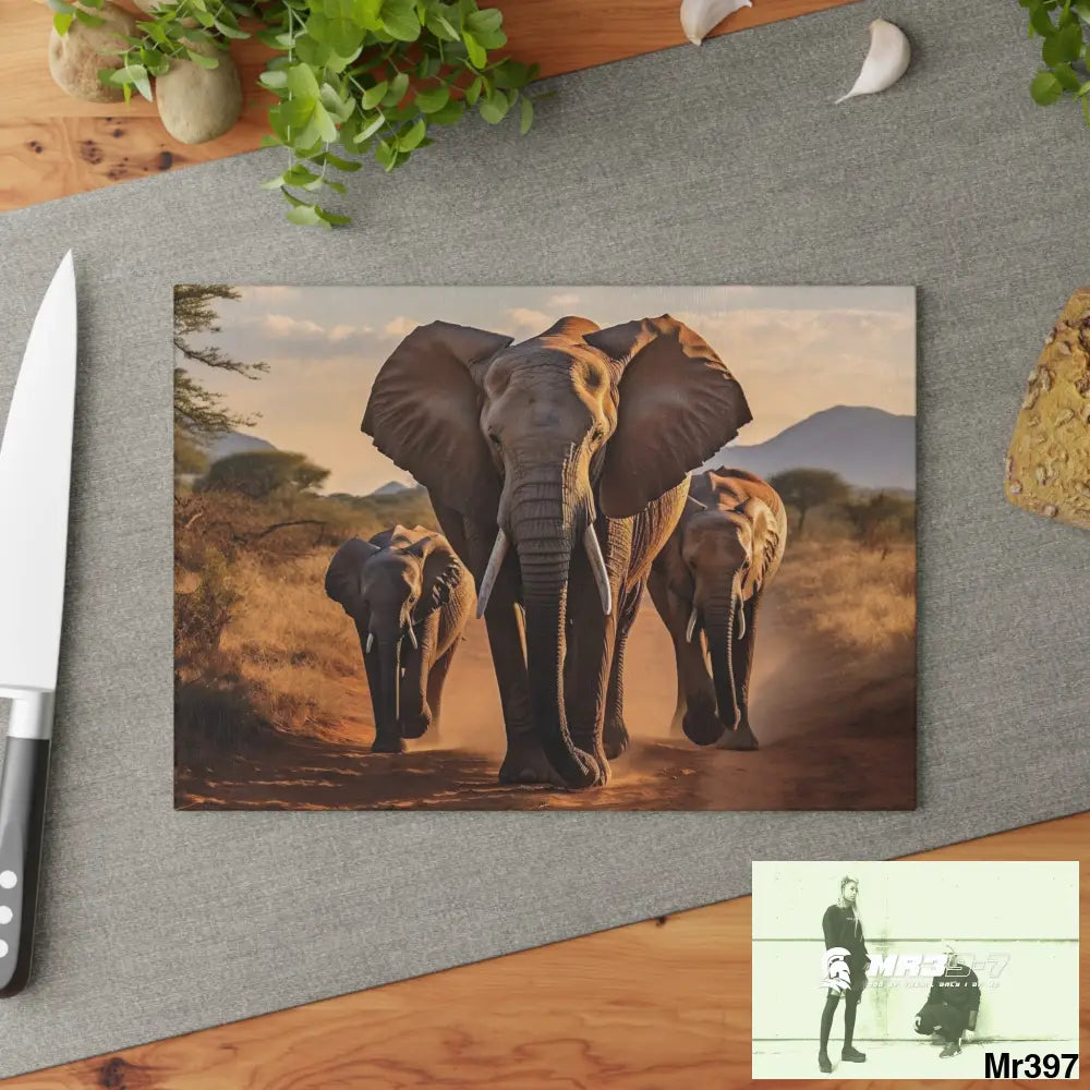Group of Elephants Walking in Wilderness Glass Cutting Board Home Decor