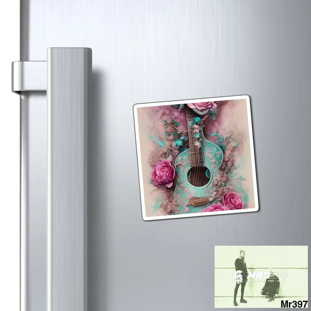 Guitar and pink Roses magnet 3’’ × 3’’ Paper products
