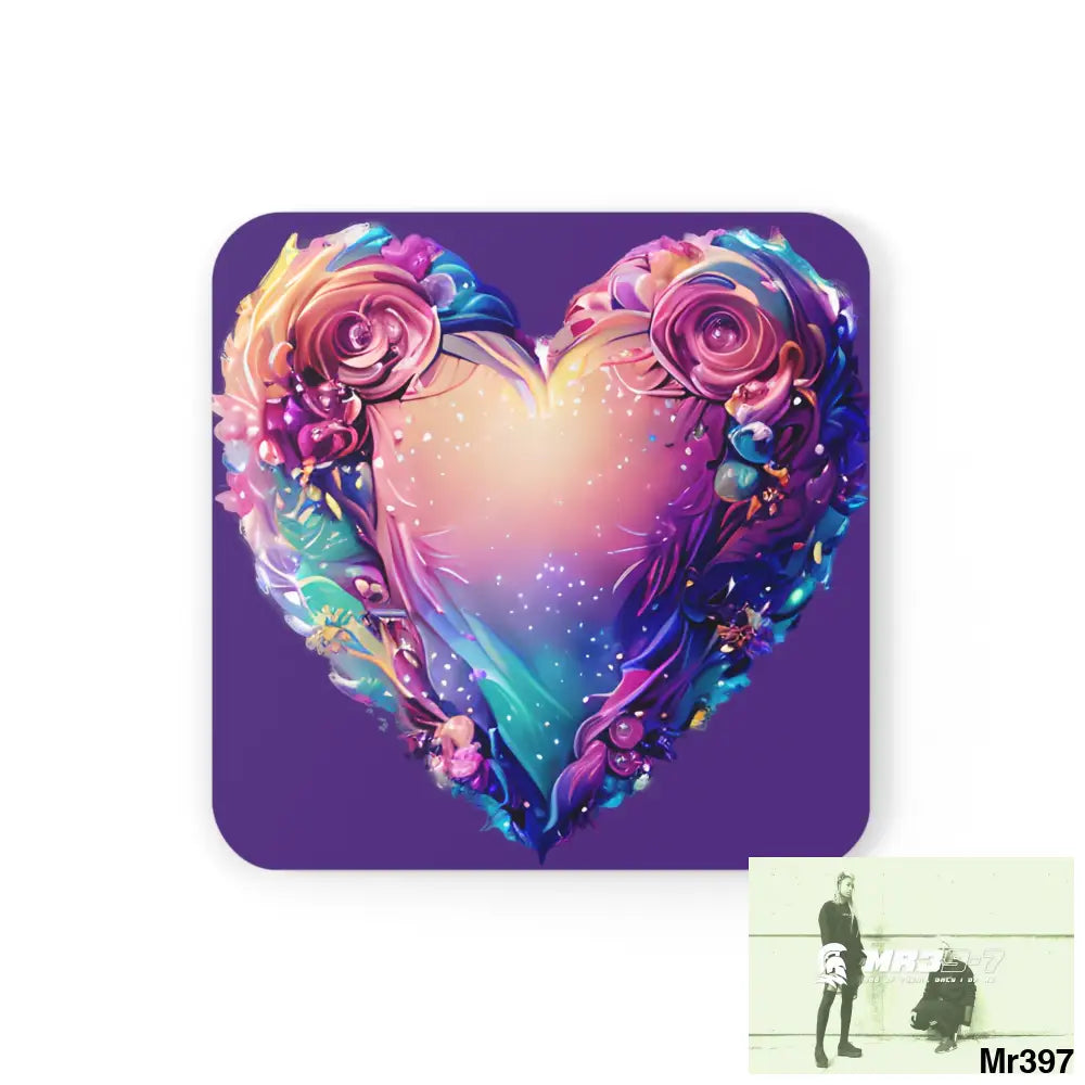 Heart Colorful Detailed Hyper Realistic Coaster Set Cork / 3.75’’ × 3.75’’ / Square Home Decor