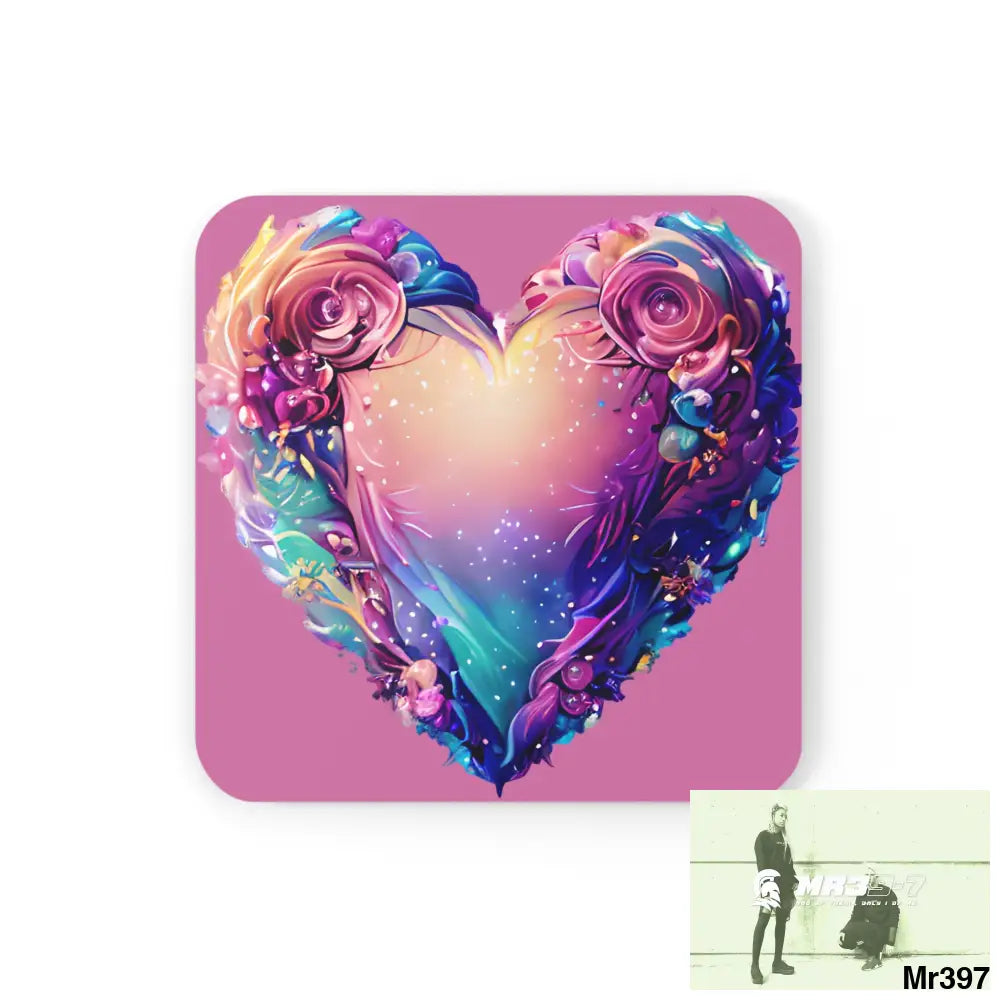 Heart Colorful Detailed Hyper Realistic Coaster Set Cork / 3.75’’ × 3.75’’ / Square Home Decor