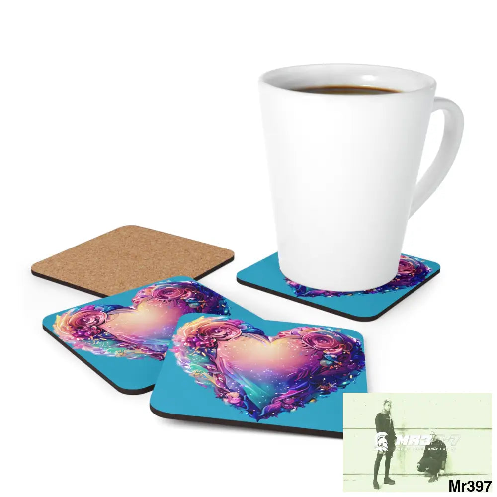 Heart Colorful Detailed Hyper Realistic Coaster Set Cork / 3.75’’ × 3.75’’ / Square Home Decor