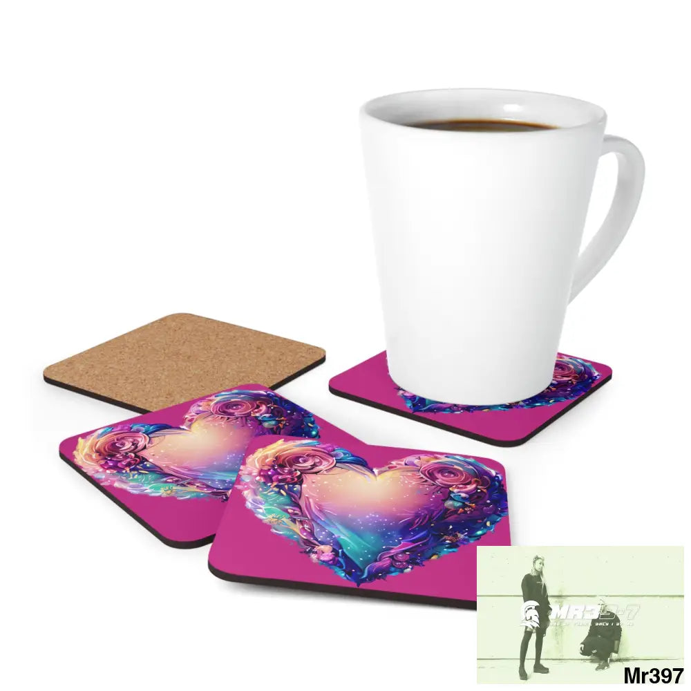Heart Colorful Detailed Hyper Realistic Coaster Set Cork / 3.75’’ × 3.75’’ / Square Home Decor