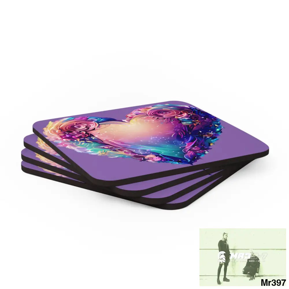 Heart Colorful Detailed Hyper Realistic Coaster Set Cork / 3.75’’ × 3.75’’ / Square Home Decor