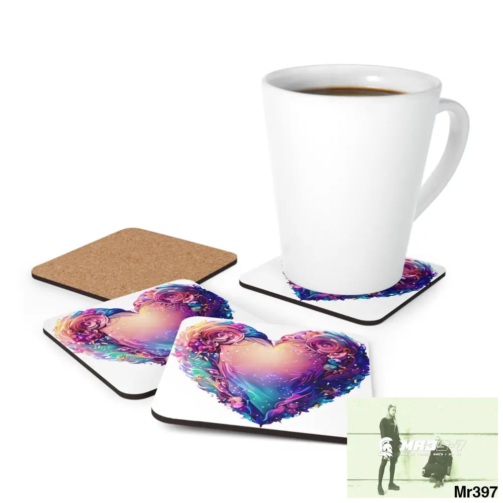 Heart Colorful Detailed Hyper Realistic Coaster Set Cork / 3.75’’ × 3.75’’ / Square Home Decor