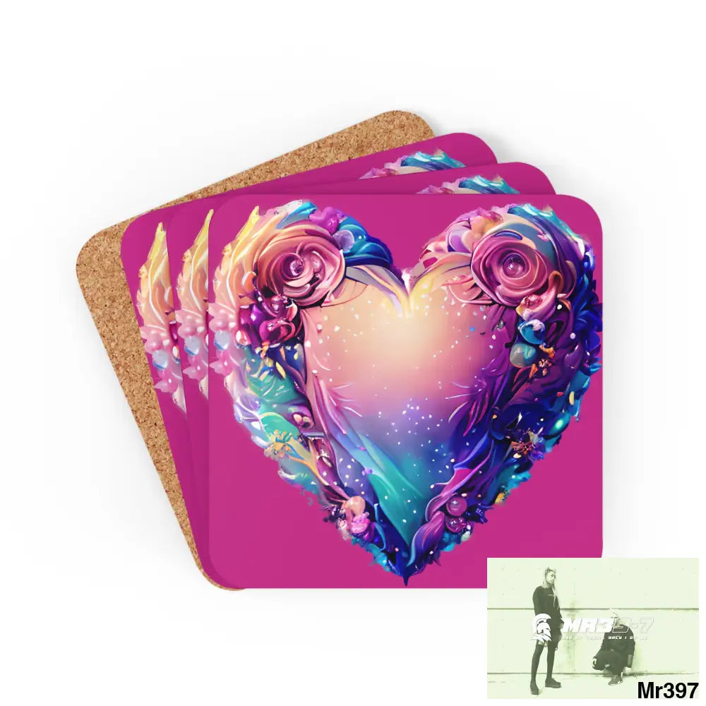 Heart Colorful Detailed Hyper Realistic Coaster Set Cork / 3.75’’ × 3.75’’ / Square Home Decor