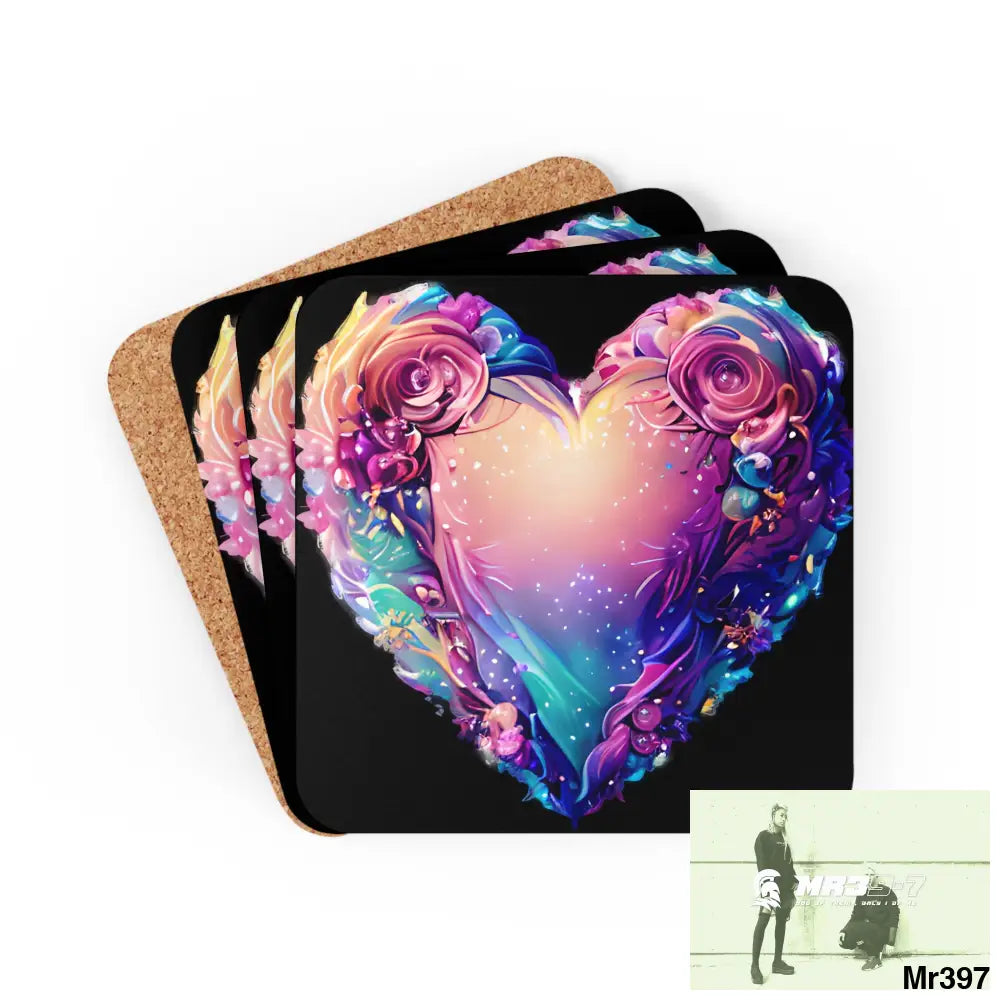 Heart Colorful Detailed Hyper Realistic Coaster Set Cork / 3.75’’ × 3.75’’ / Square Home Decor