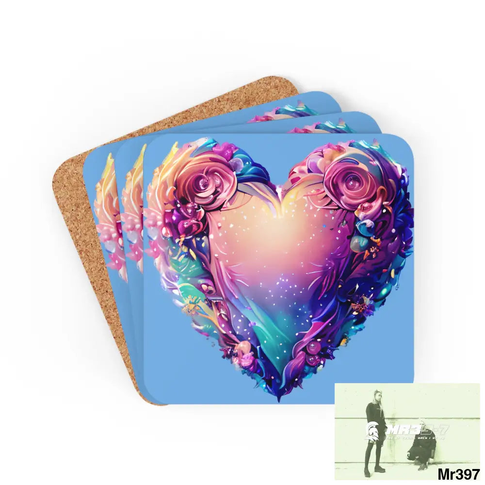 Heart Colorful Detailed Hyper Realistic Coaster Set Cork / 3.75’’ × 3.75’’ / Square Home Decor