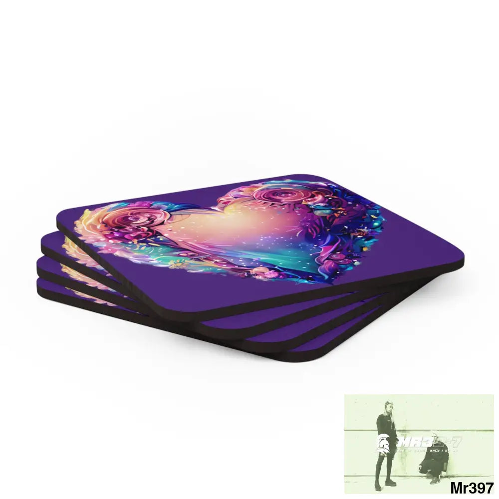 Heart Colorful Detailed Hyper Realistic Coaster Set Cork / 3.75’’ × 3.75’’ / Square Home Decor