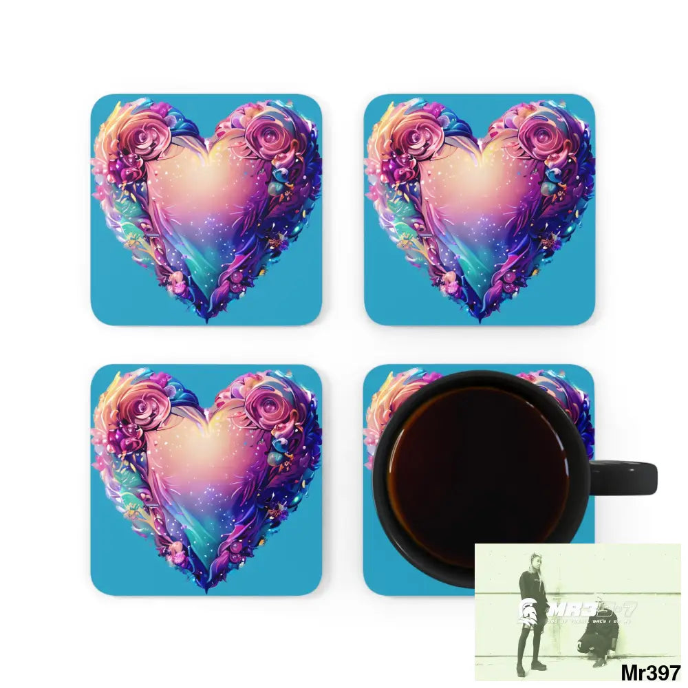 Heart Colorful Detailed Hyper Realistic Coaster Set Cork / 3.75’’ × 3.75’’ / Square Home Decor