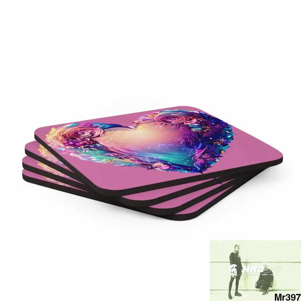 Heart Colorful Detailed Hyper Realistic Coaster Set Cork / 3.75’’ × 3.75’’ / Square Home Decor