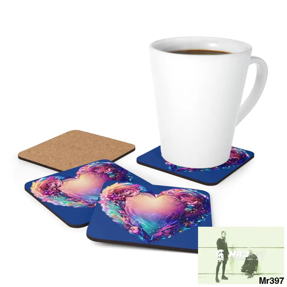 Heart Colorful Detailed Hyper Realistic Coaster Set Cork / 3.75’’ × 3.75’’ / Square Home Decor