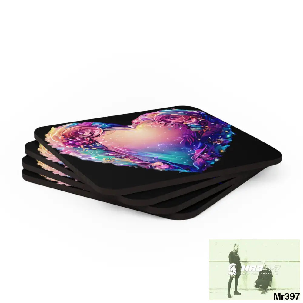 Heart Colorful Detailed Hyper Realistic Coaster Set Cork / 3.75’’ × 3.75’’ / Square Home Decor
