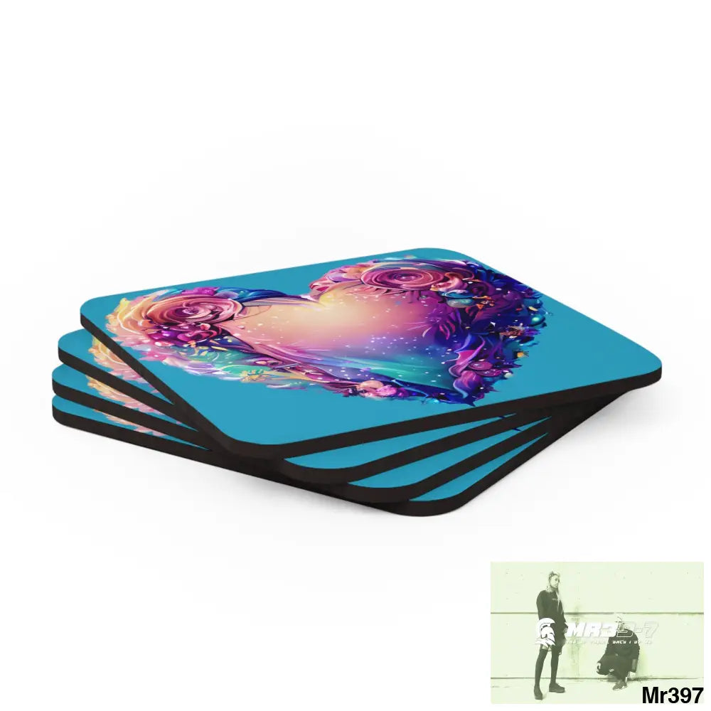 Heart Colorful Detailed Hyper Realistic Coaster Set Cork / 3.75’’ × 3.75’’ / Square Home Decor