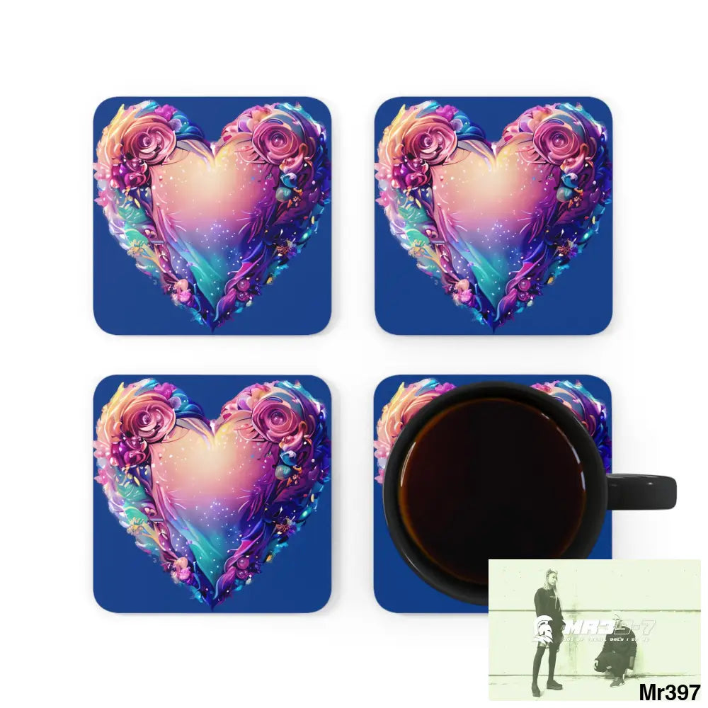 Heart Colorful Detailed Hyper Realistic Coaster Set Cork / 3.75’’ × 3.75’’ / Square Home Decor