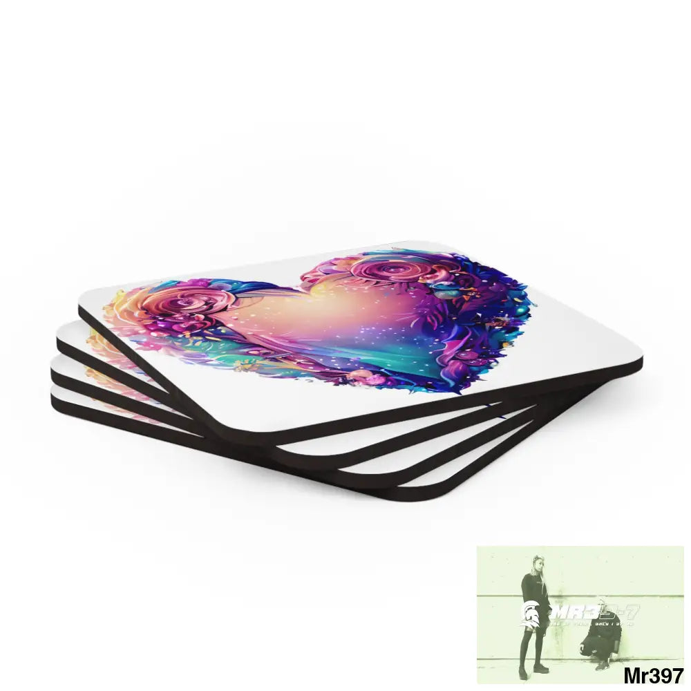 Heart Colorful Detailed Hyper Realistic Coaster Set Cork / 3.75’’ × 3.75’’ / Square Home Decor