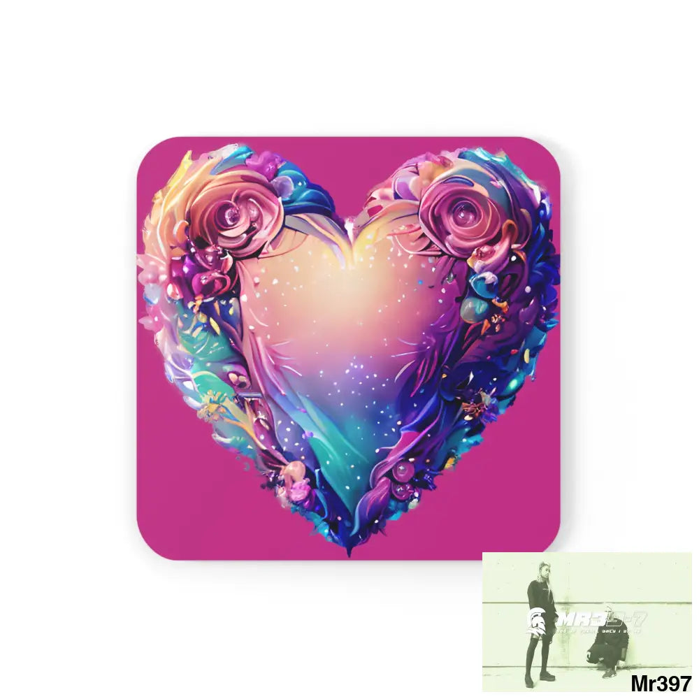 Heart Colorful Detailed Hyper Realistic Coaster Set Cork / 3.75’’ × 3.75’’ / Square Home Decor