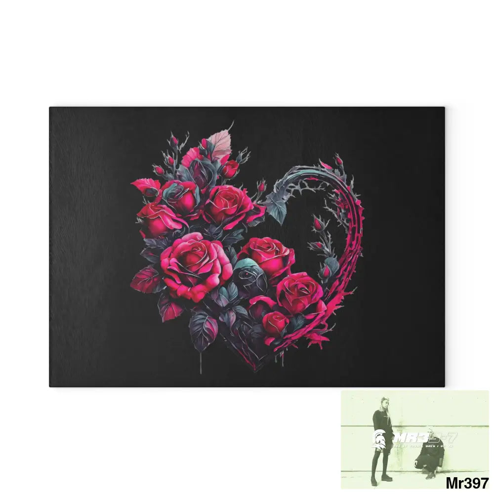 Heart Made of Pink Roses on a Black background Cutting Board 8’’ x 11’’ / Rectangle Home Decor
