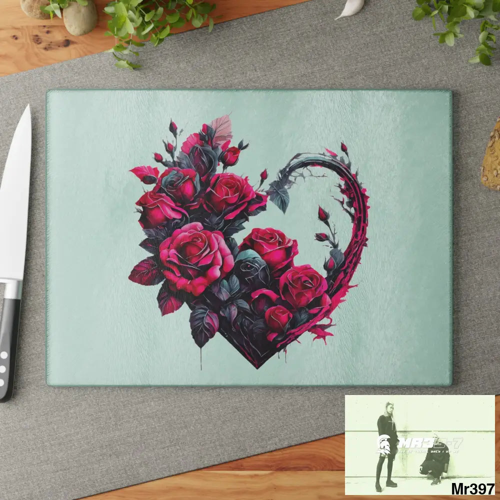 Heart Made of Pink Roses on a Black background Cutting Board Home Decor
