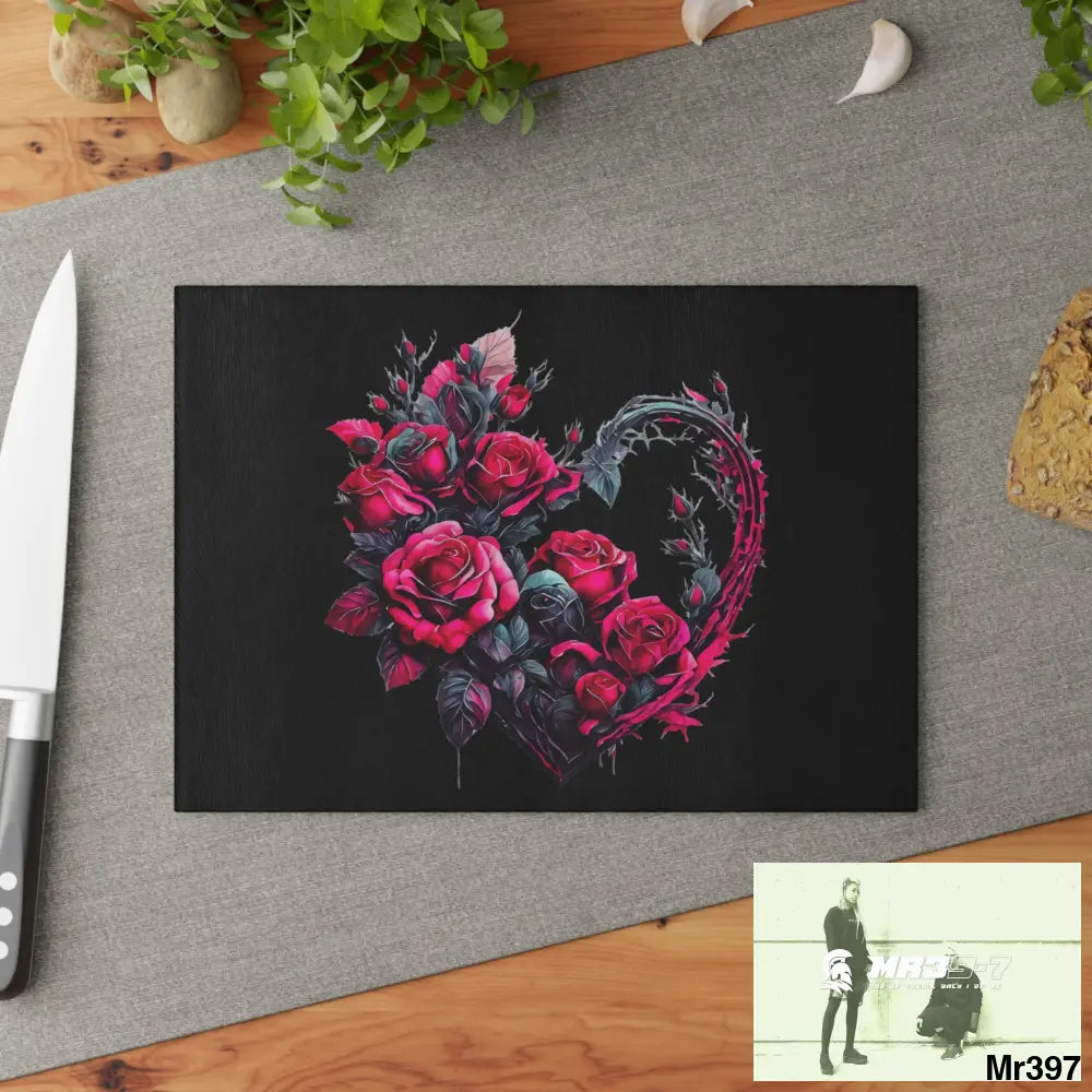 Heart Made of Pink Roses on a Black background Cutting Board Home Decor