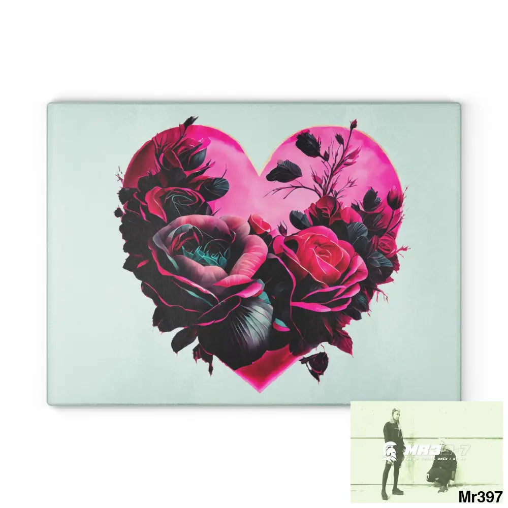 Heart made of Roses & Black accents Glass Cutting Board 11’’ x 15’’ / Rectangle Home Decor