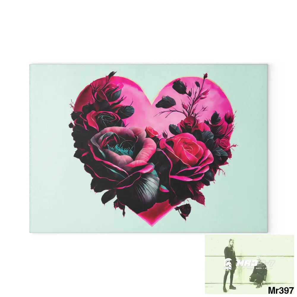 Heart made of Roses & Black accents Glass Cutting Board 8’’ x 11’’ / Rectangle Home Decor