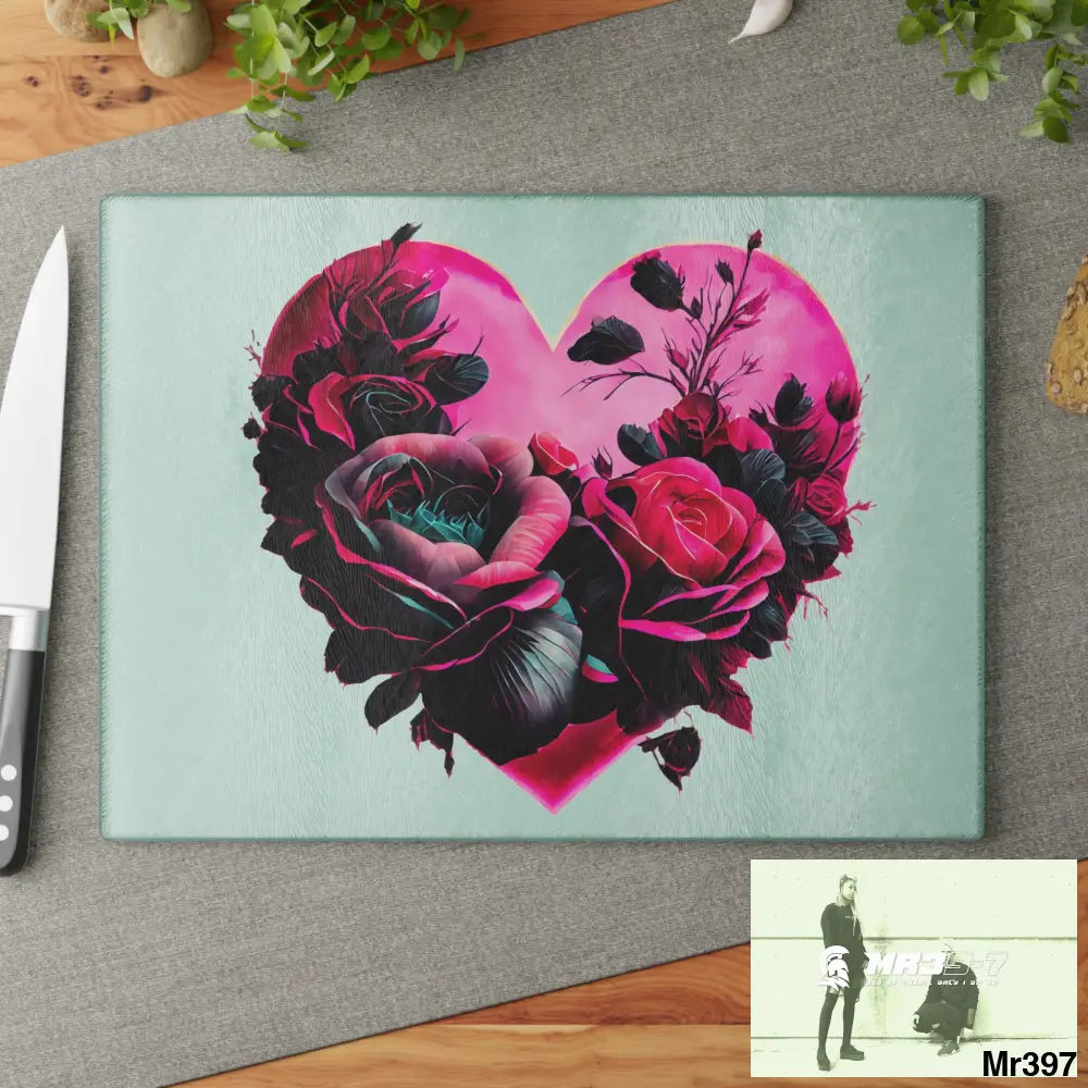 Heart made of Roses & Black accents Glass Cutting Board Home Decor