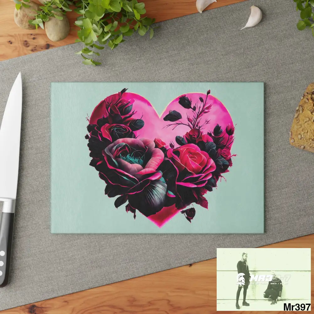 Heart made of Roses & Black accents Glass Cutting Board Home Decor