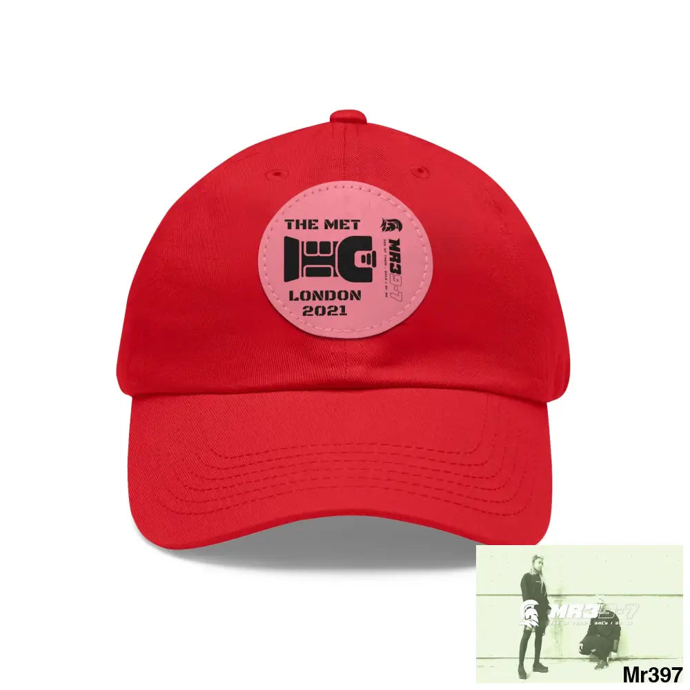 London 2021 The Met taser Mr39 Dad Hat with Leather Patch (Round) Red / Pink patch / Circle / One size Hats
