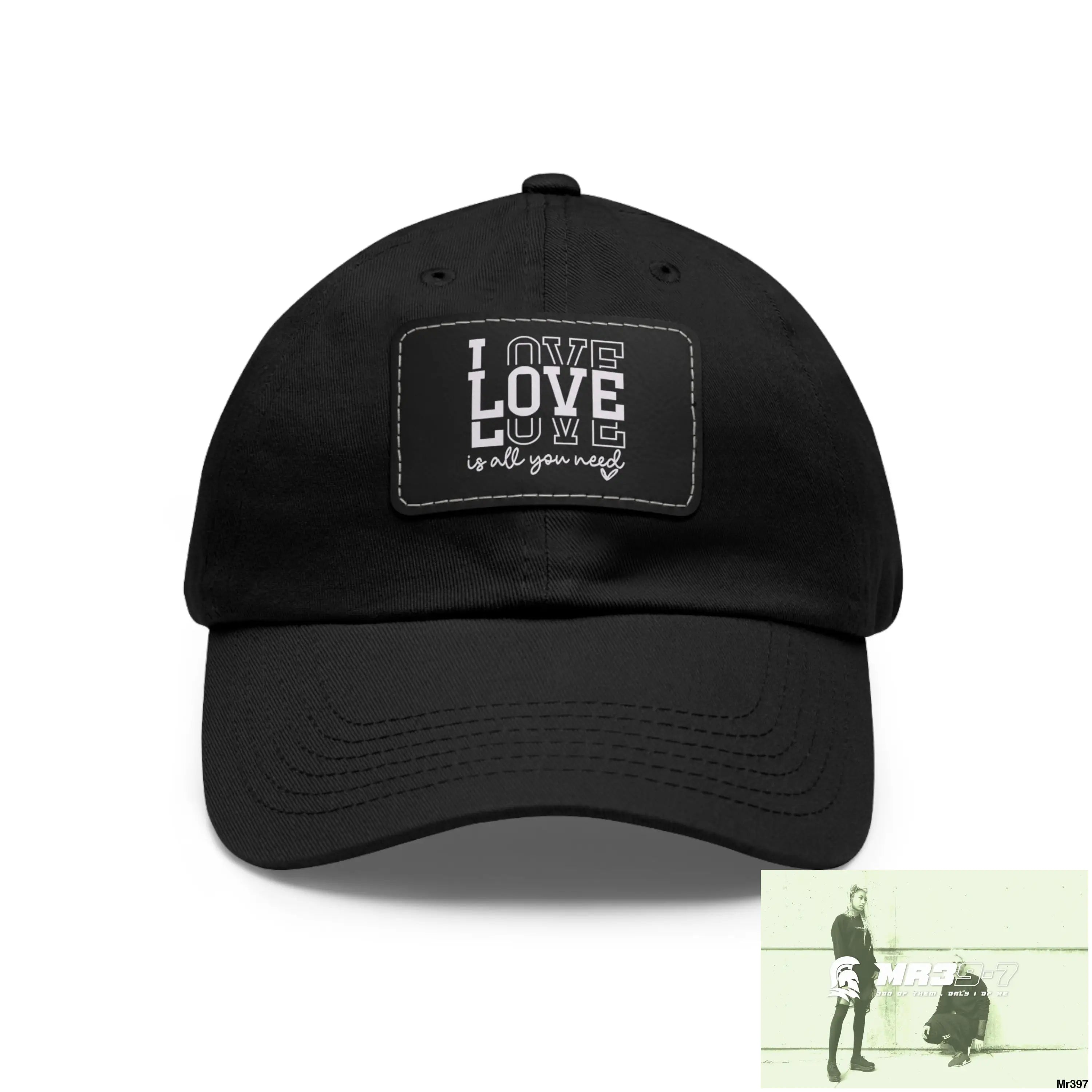 Love is all you need Dad Hat with Leather Patch (Rectangle) Black / Black patch / Rectangle / One size Hats