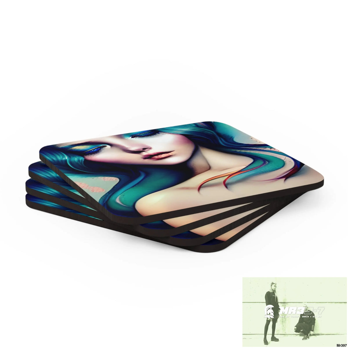 Many faces in Common places in the style of Anna Corkwood Coaster Set Cork / 3.75’’ × 3.75’’ / Square Home Decor