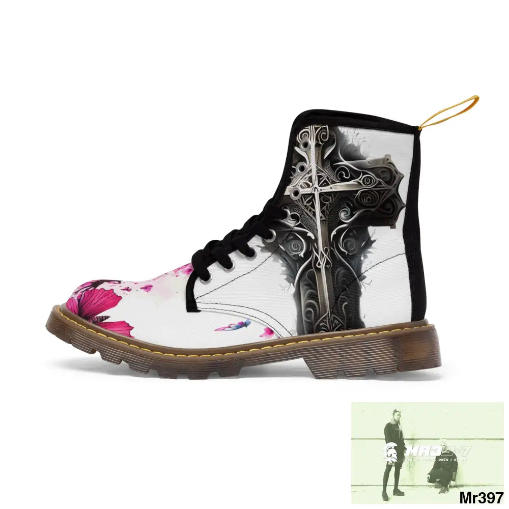 Metallic Gothic Cross with Pink Butterfly on ornamental cherry tree Women’s Canvas Boots Shoes