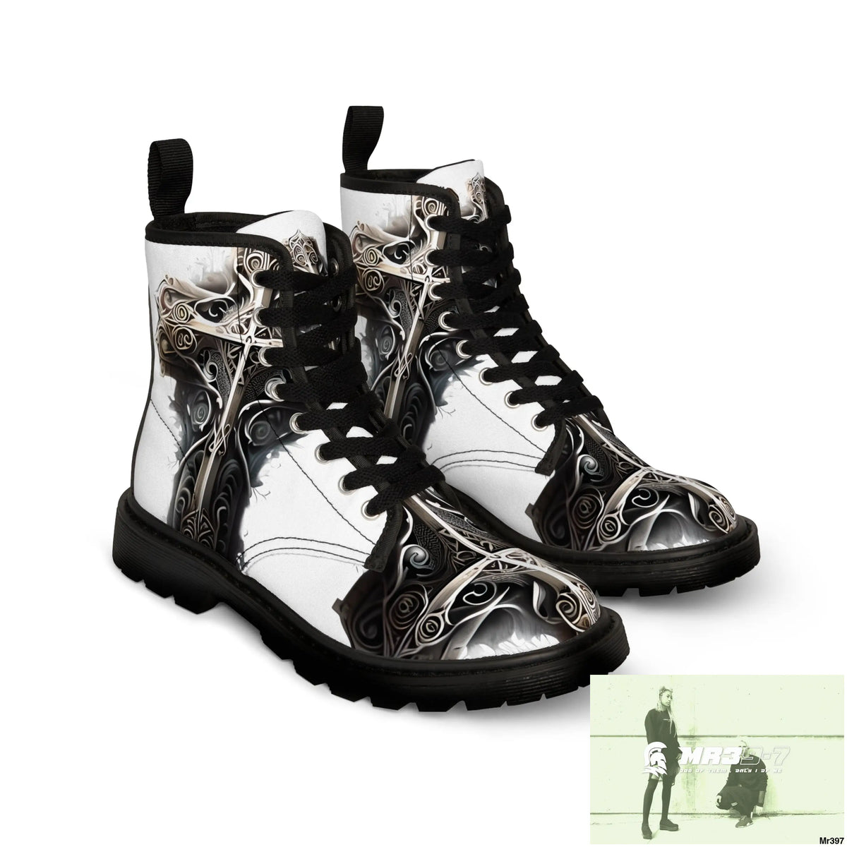 Metallic Gothic Cross with Pink Butterfly on ornamental cherry tree Women’s Canvas Boots Shoes