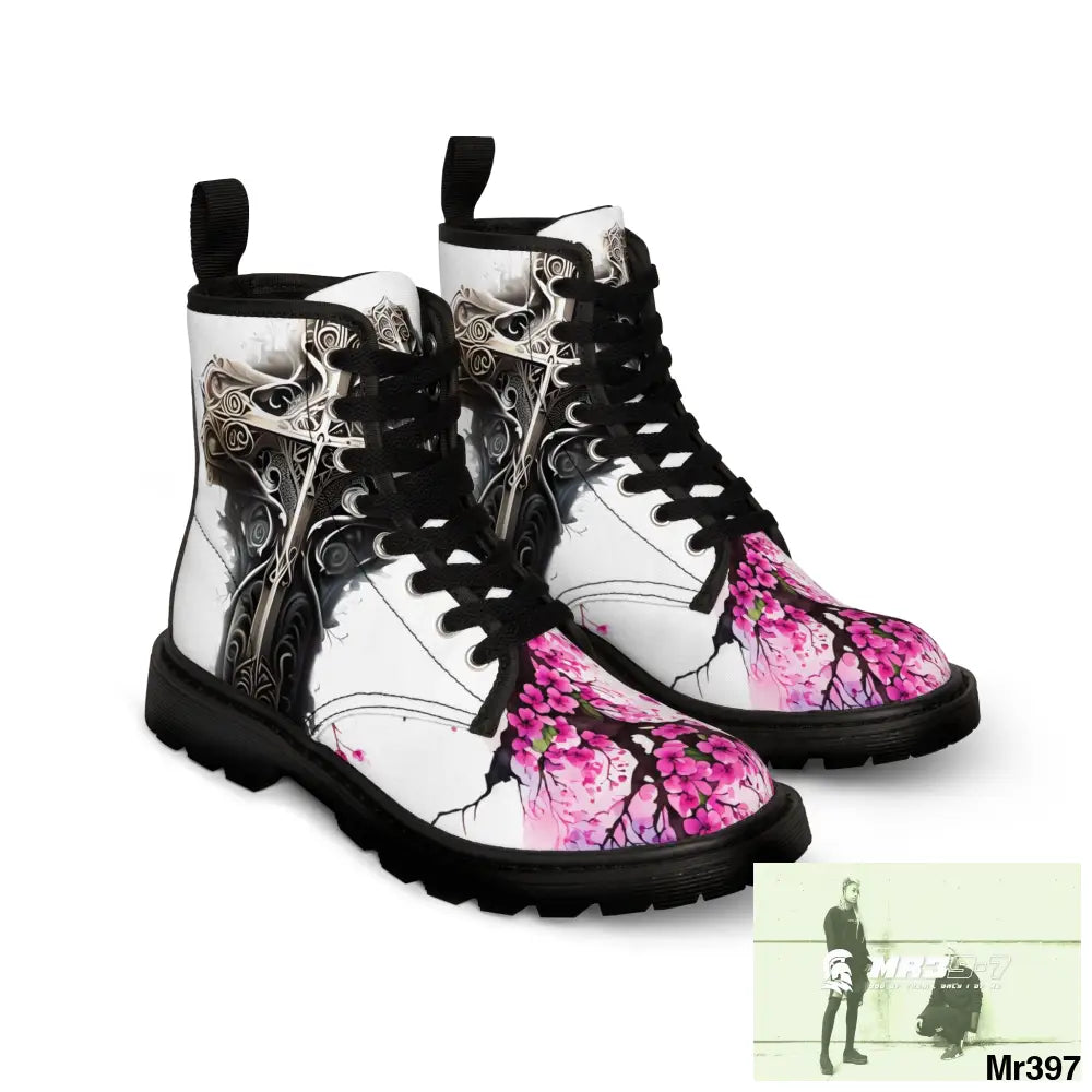 Metallic Gothic Cross with Pink Butterfly on ornamental cherry tree Women’s Canvas Boots Shoes