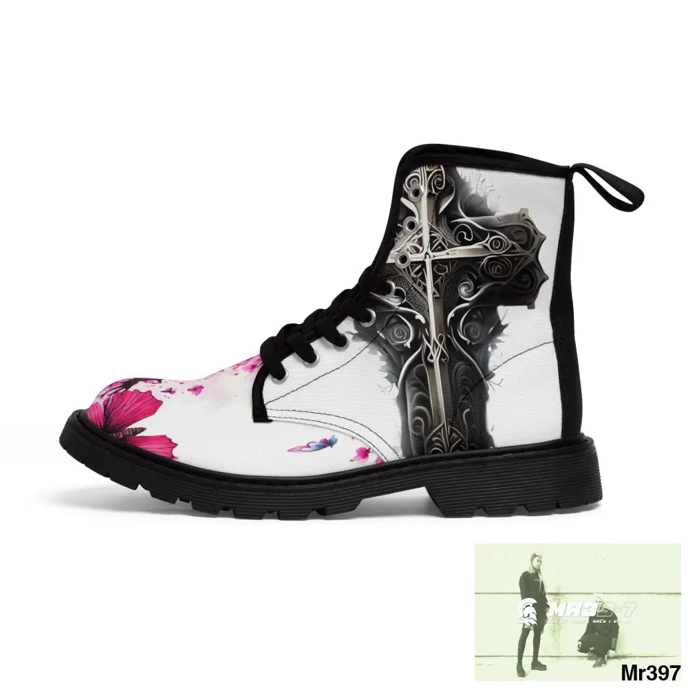 Metallic Gothic Cross with Pink Butterfly on ornamental cherry tree Women’s Canvas Boots Shoes