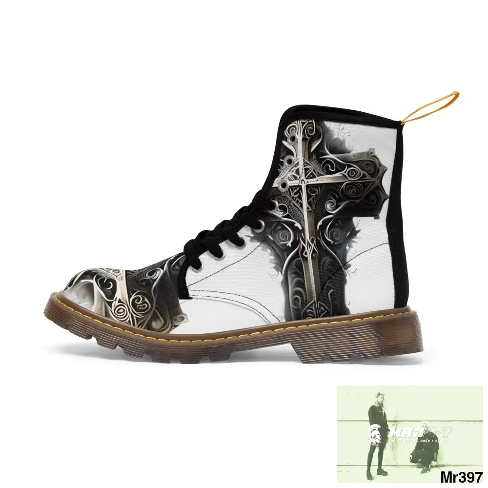 Metallic Gothic Cross with Pink Butterfly on ornamental cherry tree Women’s Canvas Boots Shoes