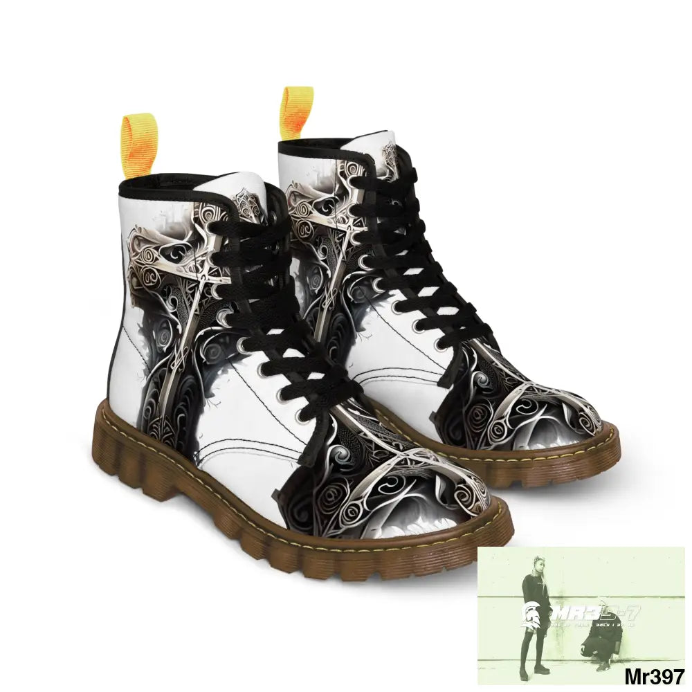 Metallic Gothic Cross with Pink Butterfly on ornamental cherry tree Women’s Canvas Boots Shoes