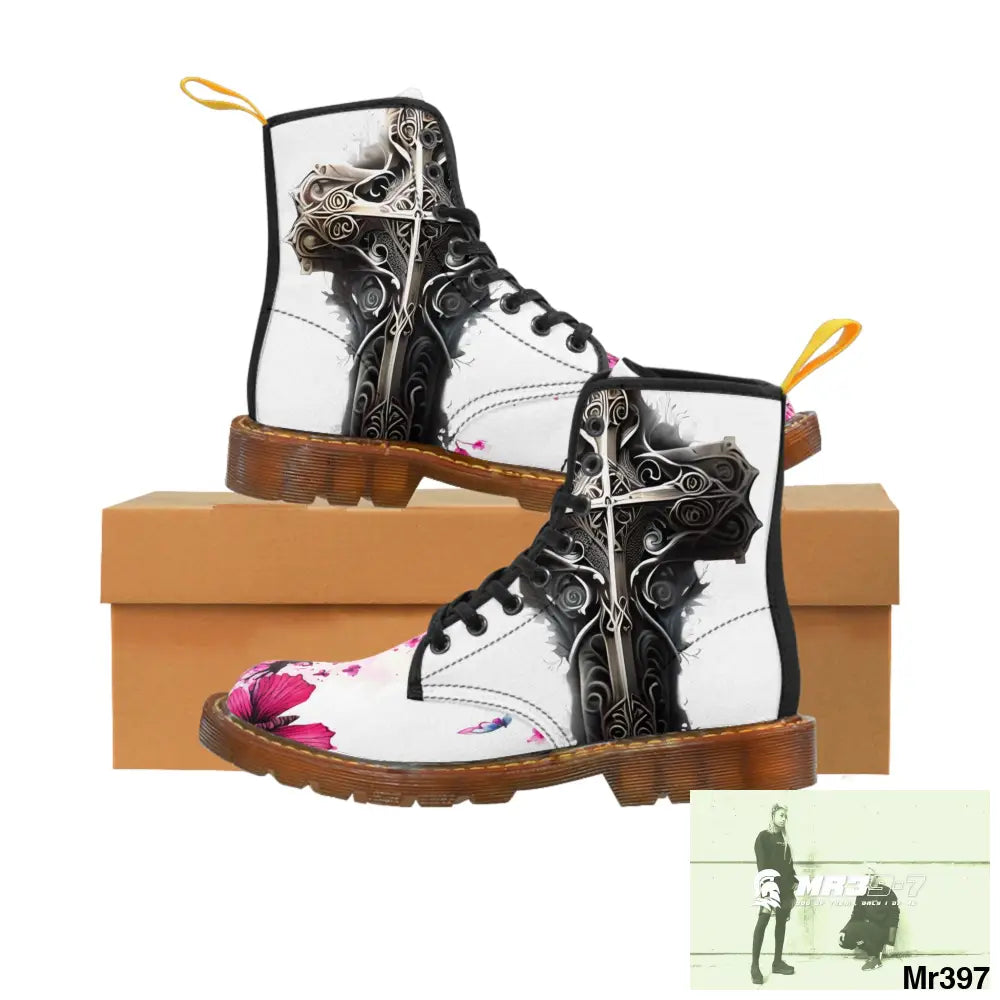 Metallic Gothic Cross with Pink Butterfly on ornamental cherry tree Women’s Canvas Boots US 6.5 / Brown sole Shoes
