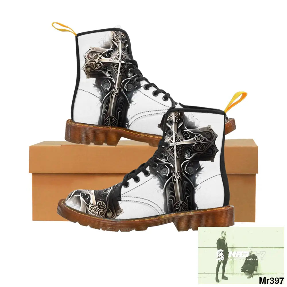 Metallic Gothic Cross with Pink Butterfly on ornamental cherry tree Women’s Canvas Boots US 6.5 / Brown sole Shoes