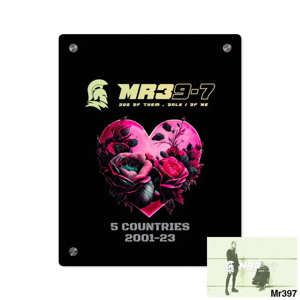 MR39-7 5 Countries 2001-23 Heart made of pink roses with black accents Acrylic Wall Art Panels 11″ x 14″ (Vertical)