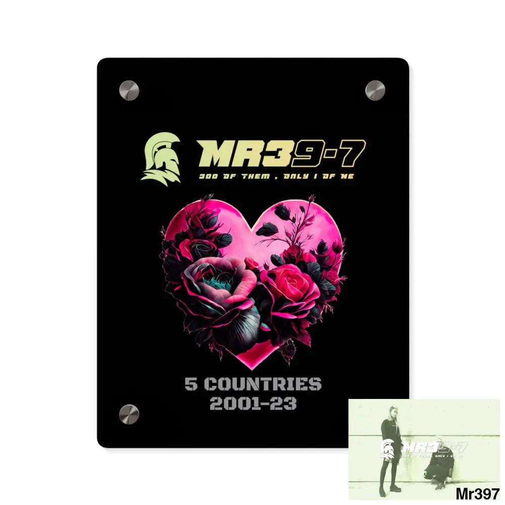 MR39-7 5 Countries 2001-23 Heart made of pink roses with black accents Acrylic Wall Art Panels 8″ x 10″ (Vertical)