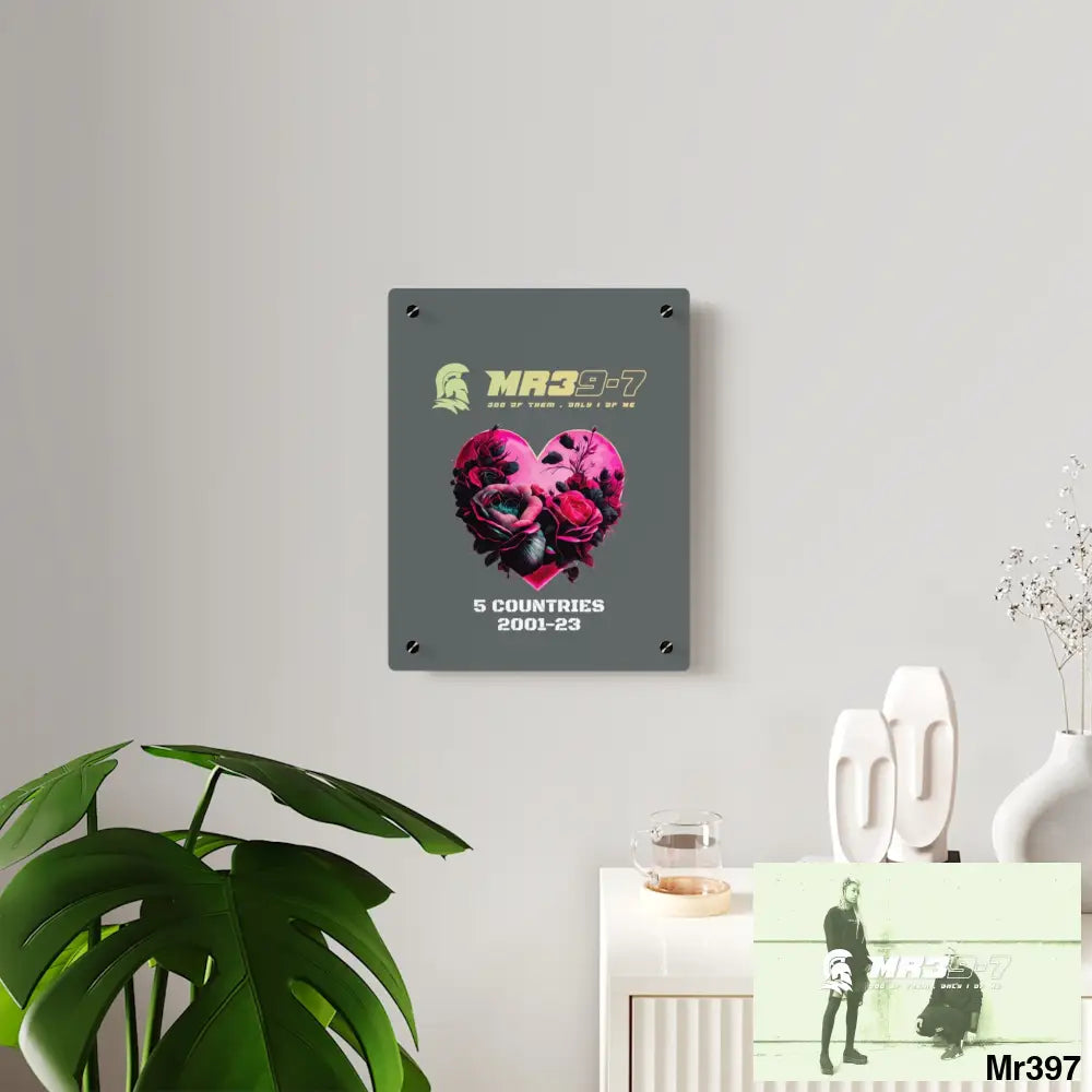 MR39-7 5 Countries 2001-23 Heart made of pink roses with black accents Acrylic Wall Art Panels Home Decor