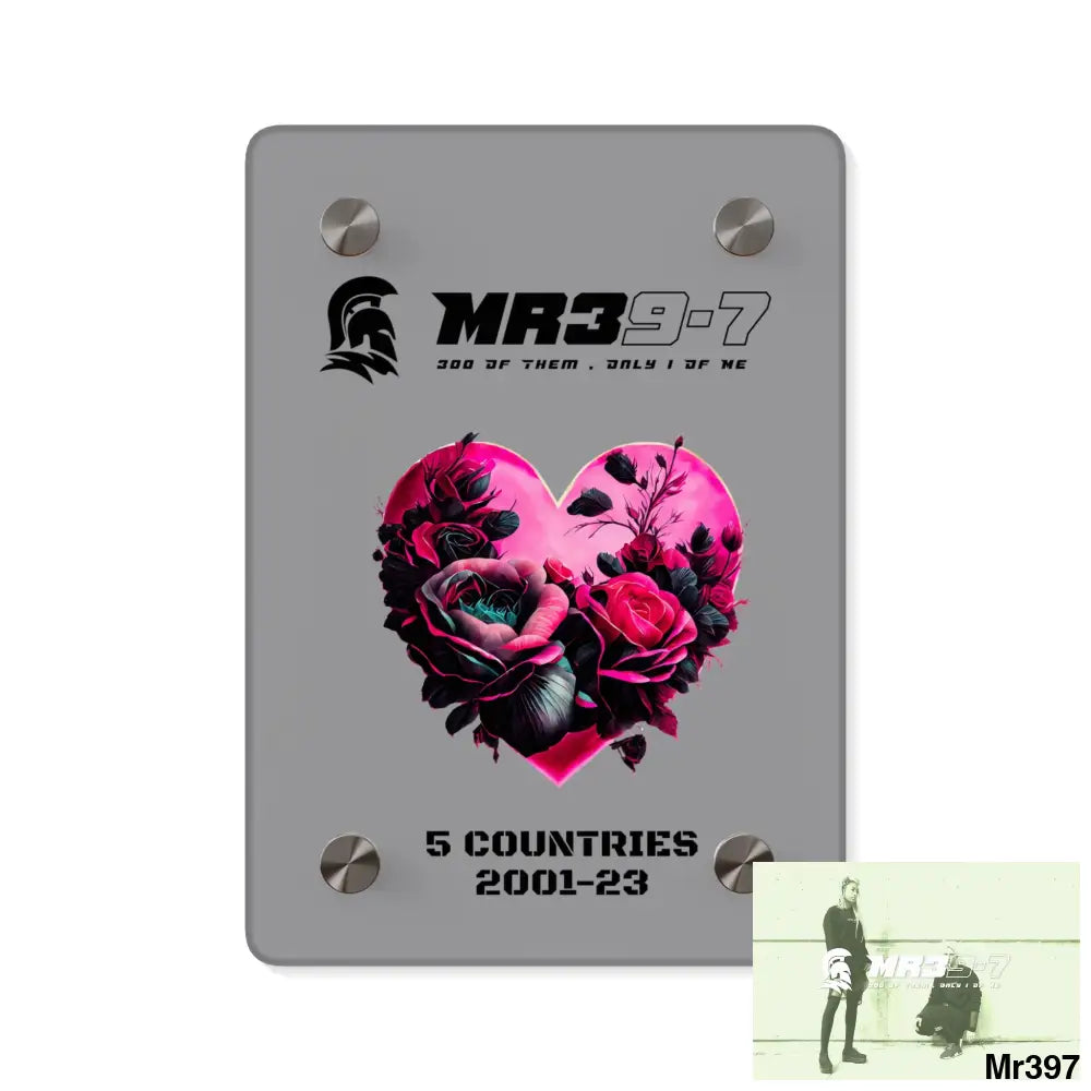 MR39-7 5 Countries 2001-23 Heart made of pink roses with black accents Acrylic Wall Art Panels 5’’ x 7’’ (Vertical)