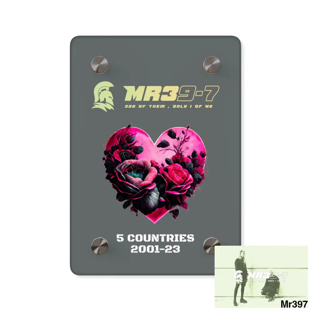 MR39-7 5 Countries 2001-23 Heart made of pink roses with black accents Acrylic Wall Art Panels 5’’ x 7’’ (Vertical)