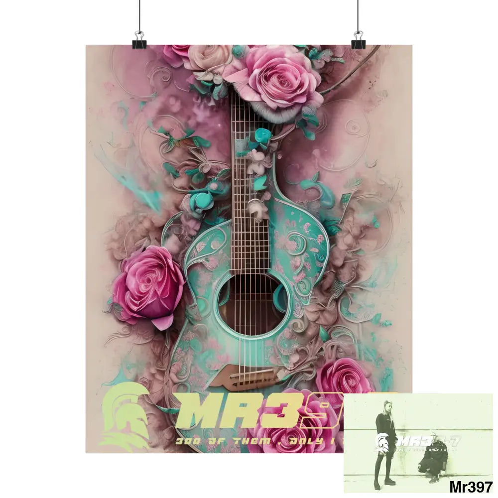 MR39-7 A guitar with pink roses and guitar Matte Vertical Posters 16″ x 20″ / Matte Poster