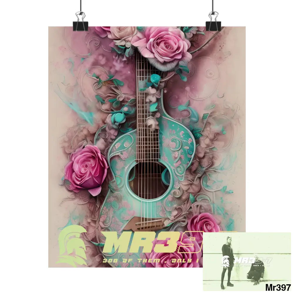 MR39-7 A guitar with pink roses and guitar Matte Vertical Posters 9’’ x 11’’ / Matte Poster