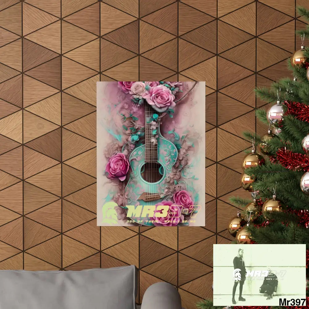 MR39-7 A guitar with pink roses and guitar Matte Vertical Posters Poster