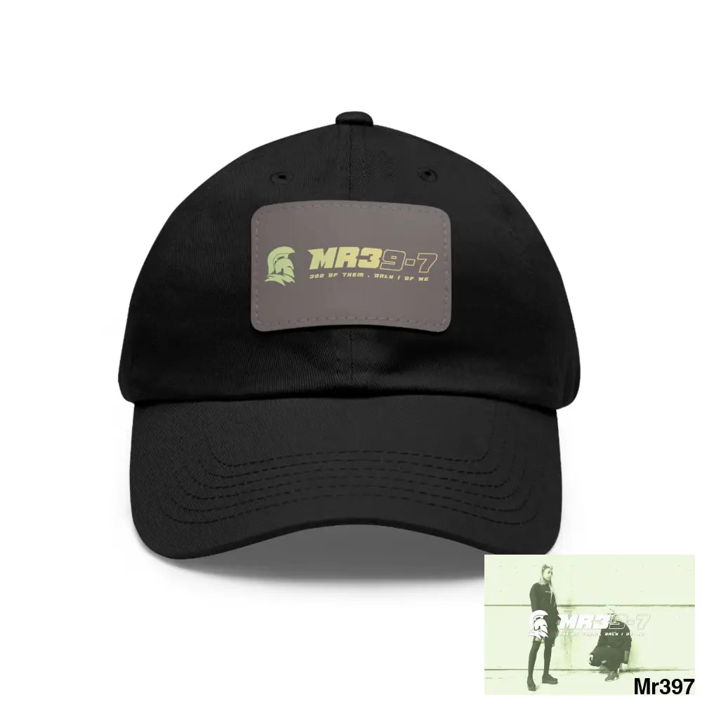 MR39-7 Dad Hat with Leather Patch (Rectangle) Black / Grey patch / Rectangle / One size Hats